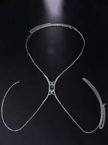 1 Piece Versatile Emerald Green Sparkling Rhinestone Necklace, Suitable For Women's Daily Wear - Silver - View 2