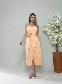 V761 Tailored Midi Dress With Straps - Coral Orange - View 3