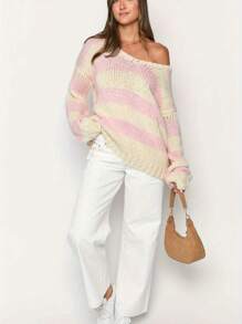 Women's Loose One-Shoulder Long-Sleeved Off-Shoulder Sweater Striped Knit Color Casual Pullover - Hồng - Xem 8