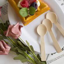 10/50/100pcs Disposable Wooden Round-Headed Spoons, Mini Spoons, Wood, Used For Dessert Spoons, Ice Cream Spoons, Cake Spoons, Graduation Party Supplies, Birthday, Wedding, Camping Meal, Concave Tip, Christmas, Easter, Halloween, Mother's Day And Other Festivals