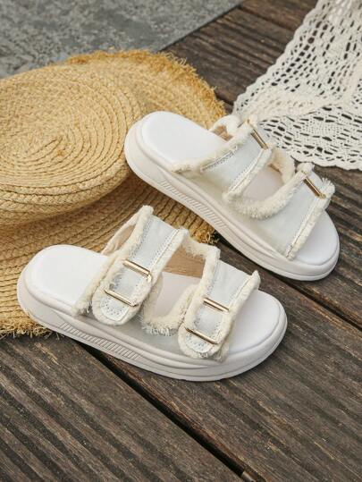 1 par sommarsandaler för pojkar/flickor med justerbart spänne, halkfria, platta, casual, sportiga, bekväma tygsandaler, lämpliga för utekvällar, något liten storlek