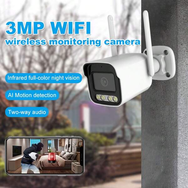 1pc 3MP/3MP+32GB Memory Card/3MP+64G Memory Card Optional Waterproof Camera, Outdoor WIFI Bullet Shaped Camera, Surveillance Camera, Long-Distance Night Vision, AI Motion Detection, Two-Way Audio, Color Night Vision, And Home Security System