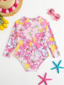 Girls Flower Print Long Sleeve One-Piece Swimsuit - Baby Pink - View 2