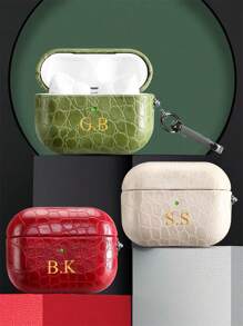 [Customized Version] Personalized Gold Letter Earphone Case, Compatible With AirPods 1/2/3/4 Pro/2 Pro 3, Made Of Luxurious Faux Leather Crocodile-Patterned TPU Material, With Keychain.