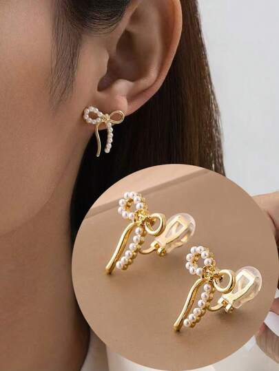 1 Pair Fashion Butterfly Faux Pearl Flower Earrings For Women, Ear Clips No Piercing, High-End Elegant Slimming Earrings, Suitable For Women's Daily Wear, Festival Gifts