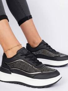 Fashionable Versatile Casual Rhinestone Decor Platform Sneakers - Black - View 2