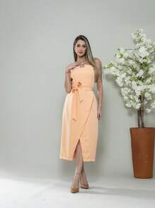 V761 Tailored Midi Dress With Straps - Coral Orange - View 7