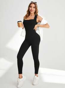 Women Seamless Yoga Jumpsuit, Solid Color Slim Fit Sports Romper - Black - View 1