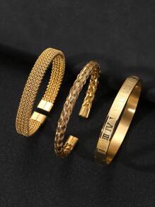 3pcs/Set Stylish Bully Stainless Steel Roman Word Twist Weave Crosshatch Decoration 's Bracelet Set Suitable For Everyday Matching Use Festive Jewellery