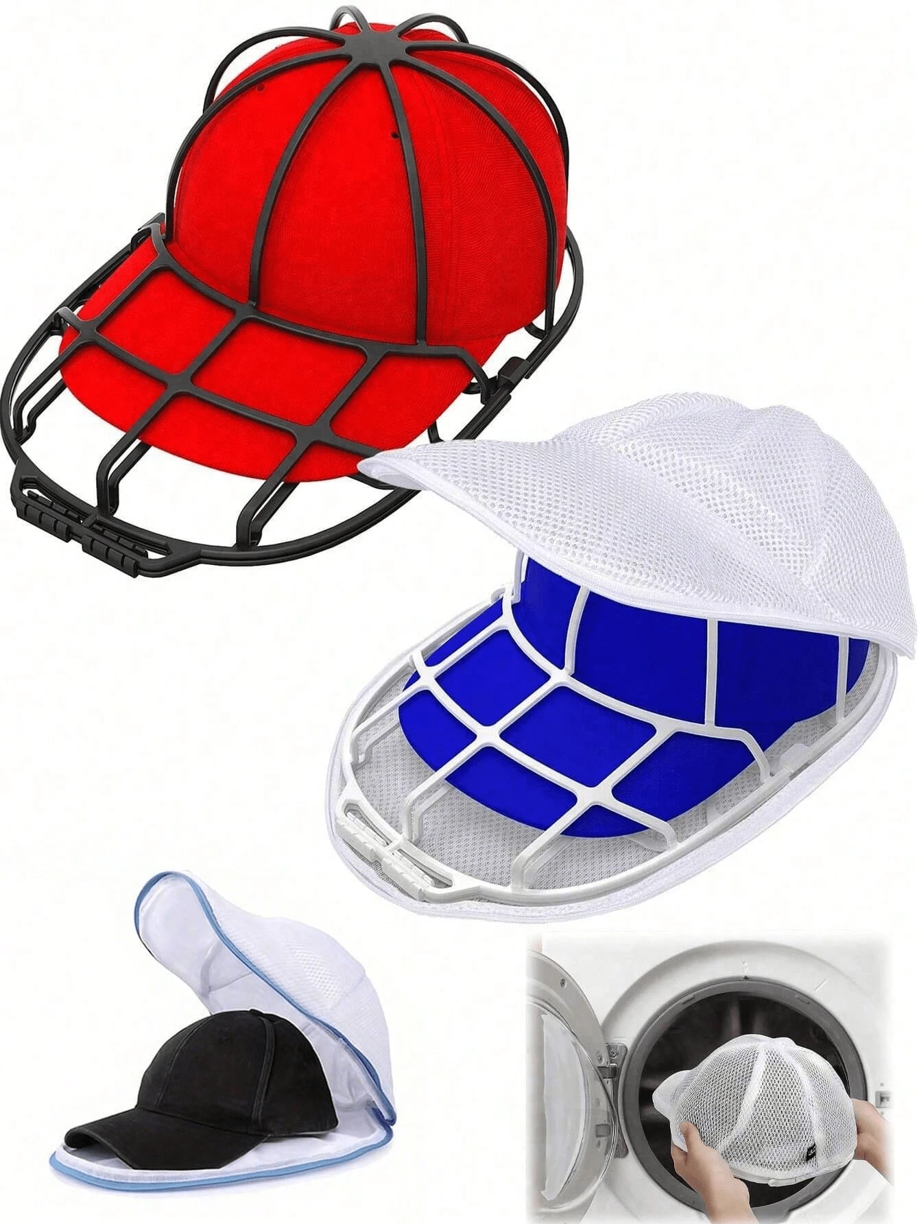 Jaula lavadora de sombreros para lavadora, soporte limpiador de gorras para gorras de béisbol, organizador y soporte para lavar sombreros en lavaplatos, solo bolsas, sin estante de almacenamiento