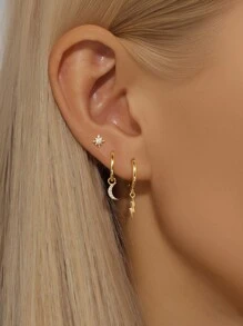 3PCS 925 Sterling Silver Star Moon Flat Back Cartilage Helix Piercing Piercing Earrings Ear Cuff Tiny Hoop Earrings Fine Jewelry For Daily Wear Wedding Party Engagement Anniversary Valentine's Day - Gold - View 2