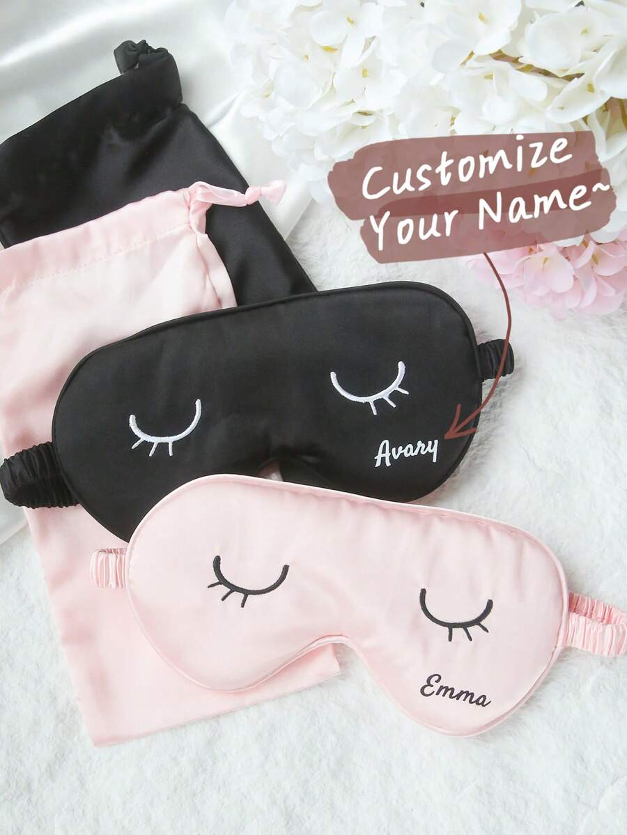 2PCS Personalized Name Eye Mask With A Storage Bag Custom Sleep Mask Personalized Silky Soft Satin Eyemask Wedding Favor Lustrous Imitation Silk Satin Cute Closed Eyes Sleep Mask Set Wedding Favors Gift For Women Best Bridesmaid Gift Bridal Party Gift - Multicolor - View 1