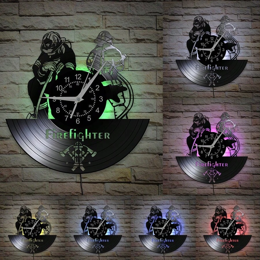 Reloj de pared de vinilo con registro LED de bombero, bombero, departamento de bomberos, decoración luminosa, retro, disco de larga duración, silencioso, sin tictac, reloj de pared profesional, regalo de jubilación para bomberos