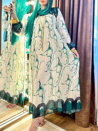 女式花卉印花长袍连衣裙，优雅长袖宽松褶皱长裙，灯笼袖，女式休闲外套，端庄