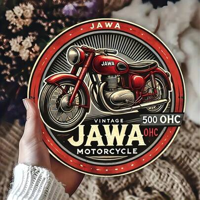 1 pieza Señal de motocicleta Jawa de madera vintage de 8 pulgadas de diámetro, resistente al agua, resistente a la intemperie, alta resistencia a la flexión, con decoración de arte callejero retro, adecuada para interiores, patio, jardín, garaje, hogar, cafetería, bar, estilo de agujero aleatorio