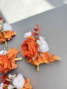 1pc/6pcs Artificial Silk Flower Groom Boutonniere Man Corsage Graduate Pin Suit Wedding Flowers Party Decoration Valentine's Day Accessories - Orange - View 4