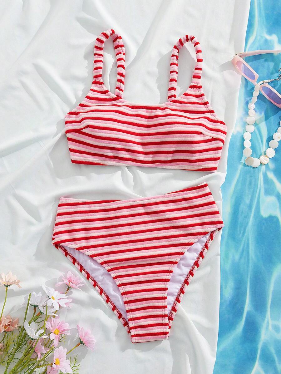 2pcs Cute & Sweet Style Women Bikini Set, Striped Stretch Terry Cloth Soft & Comfortable Swimwear - Pink - View 1