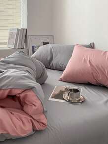 3 pièces Ensemble de literie de dortoir, comprenant 1 pièce housse de couette et 2 taies d'oreiller, en tissu ultra-doux rose et gris clair, lavable en machine (sans rembourrage)