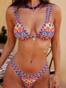 Women's Floral Print Halter Trim Contrast Color Bikini Set, 2 Pieces Swimwear - Multicolor - View 7