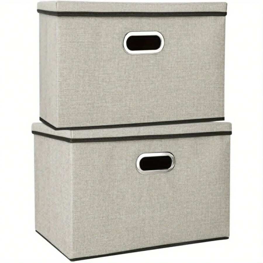 2pcs Foldable Fabric Storage Boxes With Lids Storage Cube Toy Box Storage Basket - Beige - View 1
