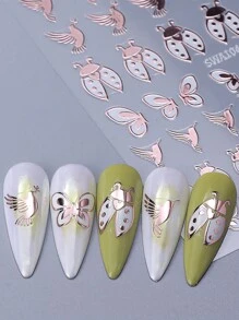 2 piezas Pegatinas de arte de uñas 3D de insectos y frutas, mariquita de dibujos animados, mariposa, pájaro, manzana, pera, fresa en color oro rosa y blanco, calcomanías holográficas DIY Y2K para /verano, pegatinas de esmalte de gel autoadhesivas, decoraciones de salón de uñas, suministros para uñas - Multicolor - Ver 9