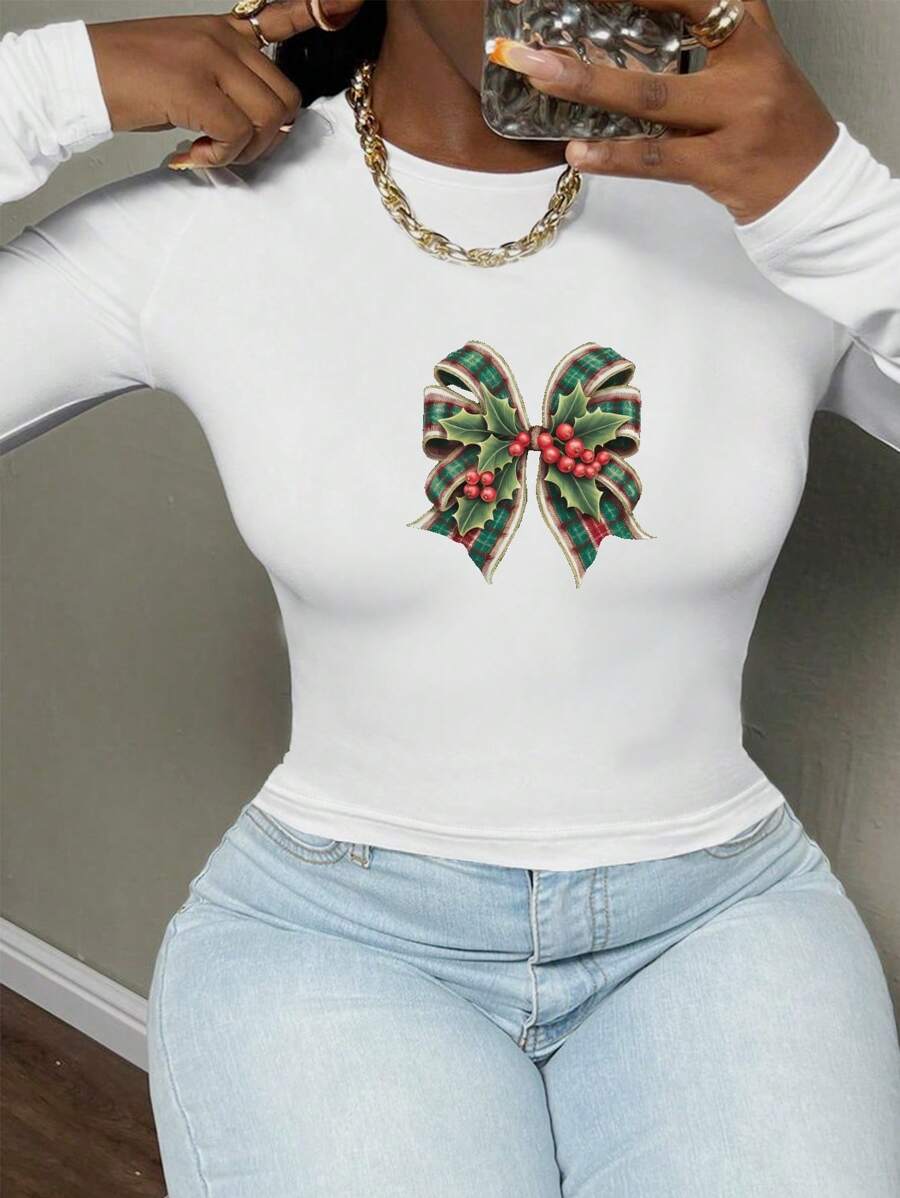 Intricately Designed Holiday Bow Women's Fashion Long Sleeve Shirt