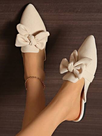 Mother's Day Gift, Women's Korean Fashion Pointed Toe Beige Striped Bow Decor Versatile Slip-On Flat Slippers (Run Small), Women's Loose Casual Bow Mule Slippers, Beige Bow Decor Indoor/Outdoor Casual Slippers