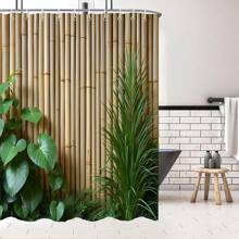 1pc Vertical Bamboo Fence Bathroom Curtain With Green Plants, Smooth Beige Bamboo With Rustic Heart Shaped Leaves And Grass, Peaceful Tropical Atmosphere, Polyester Shower Curtain With 12 Hooks, 70x70 Inches Home Bathroom Decor Fall Decor Bathroom Accessories Back To School
