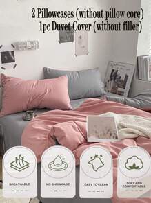 3 pièces Ensemble de literie de dortoir, comprenant 1 pièce housse de couette et 2 taies d'oreiller, en tissu ultra-doux rose et gris clair, lavable en machine (sans rembourrage)