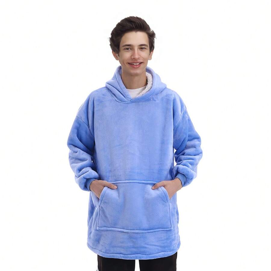 Sheonly Sherpa Flannel Oversized Lazy Hoodie, Comfortable Couple Home Clothes - Baby Blue - View 1