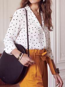 带口袋的波尔卡圆点衬衫，休闲优雅的办公室女士通勤上衣，适合春季、夏季、秋季、度假、蜜月、约会 - 黑與白 - 查看 4