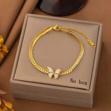 1 pièce Bracelet minimaliste en acier inoxydable avec chaîne coup de fouet et papillon coquille blanche, convient pour la tenue de tous les jours ou de travail des femmes