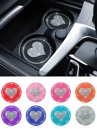 1 件圆形水钻心形硅胶防滑汽车杯架垫，内饰装饰汽车/家居/办公室防滑垫