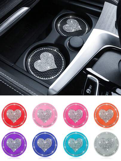 1 件圆形水钻心形硅胶防滑汽车杯架垫，内饰装饰汽车/家居/办公室防滑垫