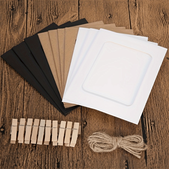 21 个装彩色 3.5x5/4x6/5x7 英寸纸质相框 - 包含 10 个木夹和 1 条黄麻绳 + 10 个纸质相框，悬挂展示 - DIY 墙壁装饰，适用于家庭/学校/办公室/婚礼/派对 - 批量照片拼贴套件、乡村画廊墙壁套装、教室记忆板、活动背景装饰、季节性公告板装饰