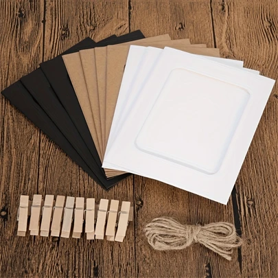 21 Pack Kraft Paper Photo Frames - 4x6 Inch Multi-Hanging Display, 21 Pack Contains 10 Photo Frames, 10 Clips And 1 Rope, Lightweight DIY Collage Kit For Wall Decoration - Boho Party Backdrop, Gallery Wall Starter, Classroom Display, Wedding Photo Hanging Hangers, Friendly Photo Booth Decor!