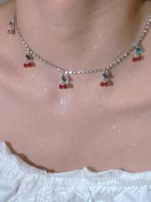 1pc Women's Sweet Style Adjustable Cherry Zirconia Pendant Necklace, Suitable For Daily Wear