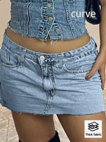 欧美街头新款设计小众简约休闲腰部松紧腰大码牛仔半身裙