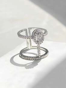 1 Piece Exquisite Luxury Classic Fashion Summer Double Layer Wide Face Hollow Cutout Turkish Geometric Oval Cube Luxury Zirconia Open Adjustable Long Ring Women's Gold Plated Silver Color Fashion Jewelry Girls Anniversary Gift Party Dress Accessories