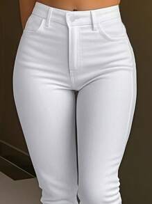 Women's Stretch Skinny Jeans - Classic Slim-Fit Denim Pants With Zip & Button Closure, High-Waisted Comfortable Everyday Jeans - 白 - 查看 5