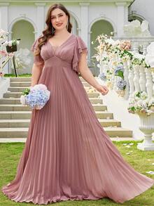 Chiffon Minimalist Plus Size Sexy Deep V-Neck Handcraft Ruched Bodycon Cocktail Dress For Formal Event, Wedding,Bridesmaid Dress - Coral Pink - View 5