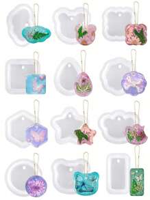 1pc/12pcs Multiple Geometric Pendant Silicone Molds With Hanging Holes, Jewelry UV Resin Molds, Epoxy Resin Necklace Keychain Molds - White - View 3