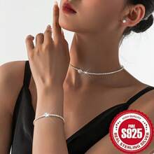 925 Sterling Silver Light Luxury Temperament Four Piece Set, Necklace, Earrings, Bracelet, Hypoallergenic, High-End Banquet, Wedding, Party Jewelry Gift For Womensilvery - Four Piece Set - View 2