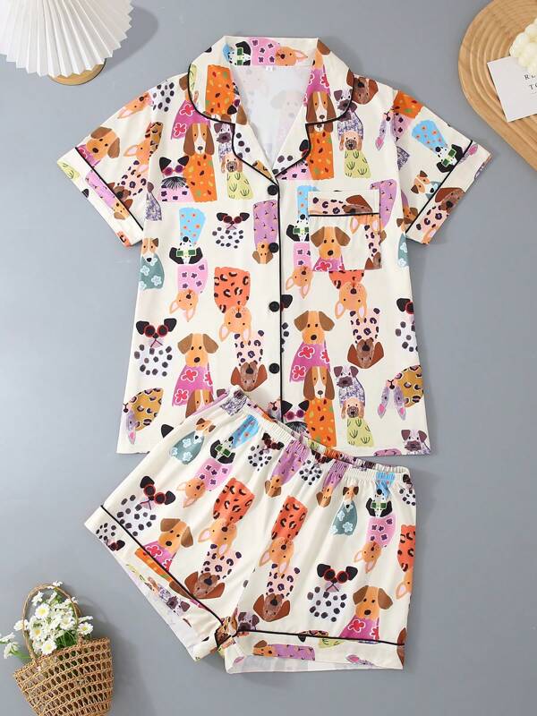 2pcs Women Casual Short Sleeve Sleepwear Set, Shorts, Polo Collar Button Down Shirt, Cartoon Dog Pattern, Breathable & Relaxed, Suitable For All Seasons & Lounging