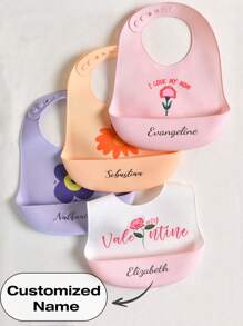 1pc Babador de bebê personalizado com estampa de flores, babador de silicone macio ajustável, antimanchas e antivazamento, presente personalizado para meninos e meninas, adequado para todas as estações