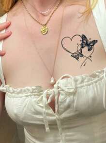 1 pieza Tatuaje temporal impermeable y resistente al desvanecimiento, con diseño realista de mariposa y corazón para brazos y piernas, apto para hombres y mujeres, de uso diario - Gris - Ver 3