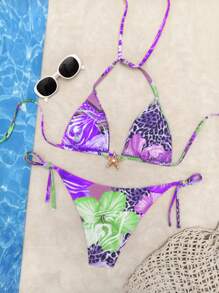 2pcs/Set Summer Vacation Random Leopard & Floral Print Metal Starfish Decor Camisole + High Waist Swimsuit, Beach Holiday - Green and Purple Leopard Print - View 7