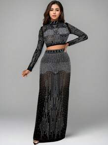 2pcs/Set Women Rhinestone Mesh Sheer Long Sleeve Mock Neck Cropped Top And Midi Skirt - Black - View 4