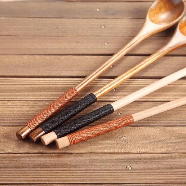 1/2pcs Japanese Wooden Solid Wood Coffee Spoon Honey Mixing Spoon Long Handle Round Mouth Round Handle Wooden Spoon