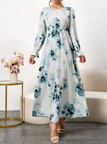 Women's Floral Print Long Sleeve Maxi Dress - Elegant Round Neck Dress With Mushroom Buttons & Flared Sleeves For Spring Summer,Elegant Long Sleeve Robe,Summer Dresses,Dresses Classy Elegant - Multicolor - View 4